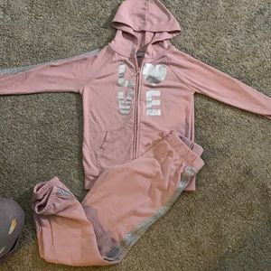 Blush colored sweat suit, jogger bottoms.